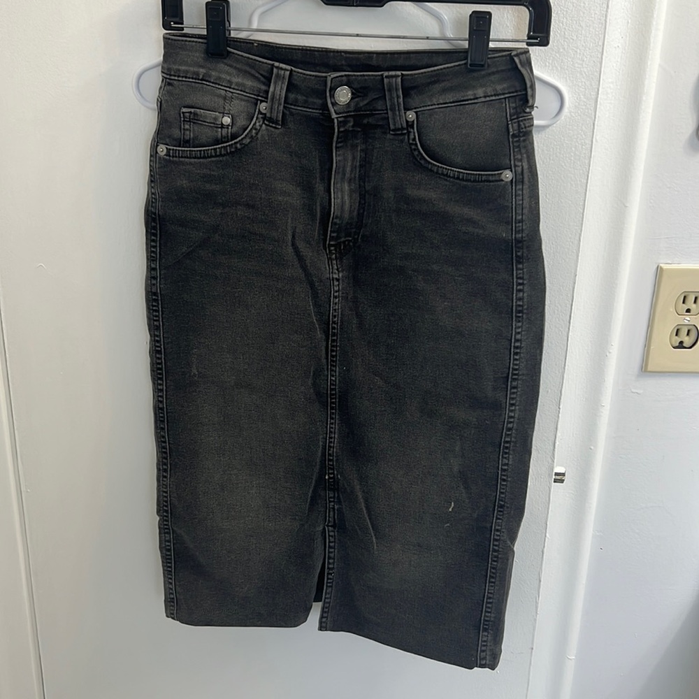 HM grey denim midi skirt with front slit
